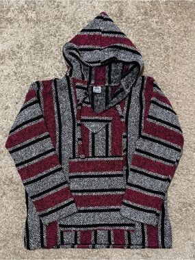 Hooded Baja Drug Rug Pullover - Pink & Black Stripes Medium